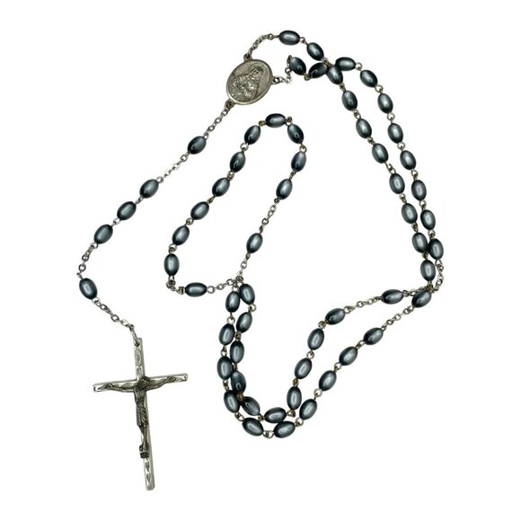 Italian Catholic Rosary Gray Beads Sacred Heart of Jesus Medallion Vintage 24" - Picture 11 of 12